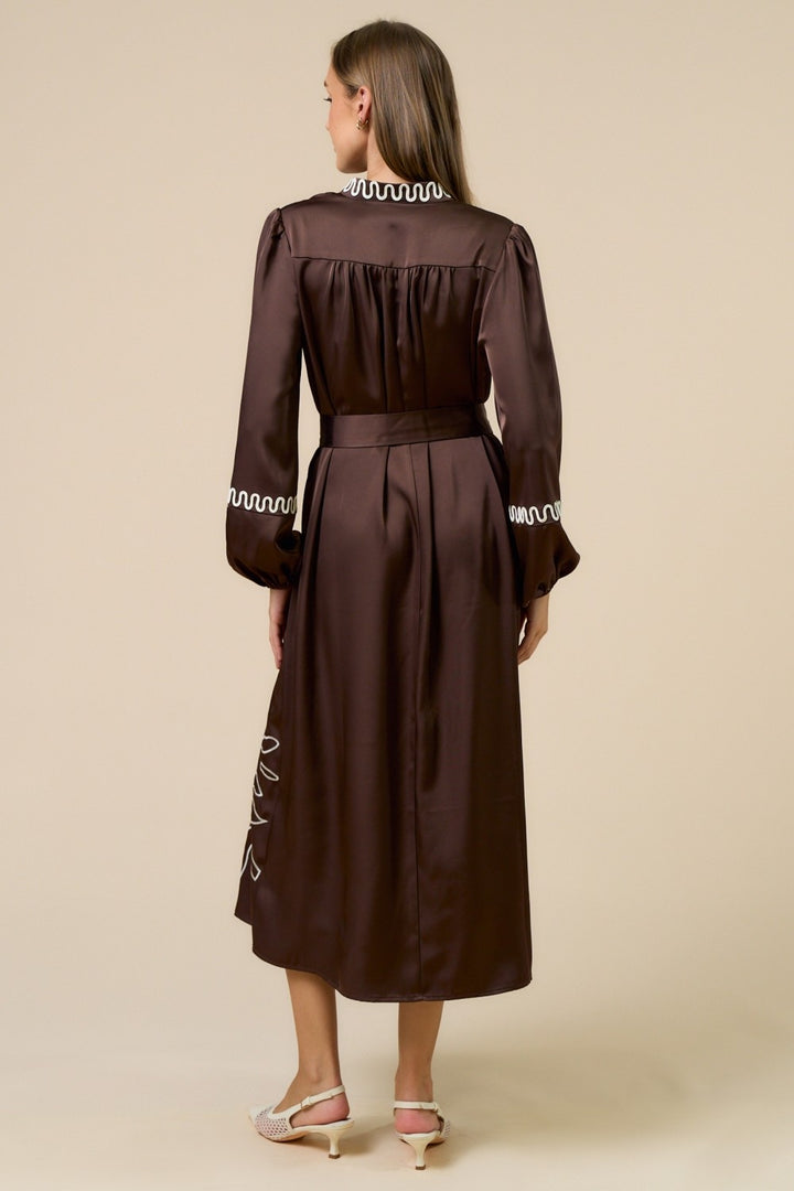 Brown Long Sleeve Embroidered Maxi Dress