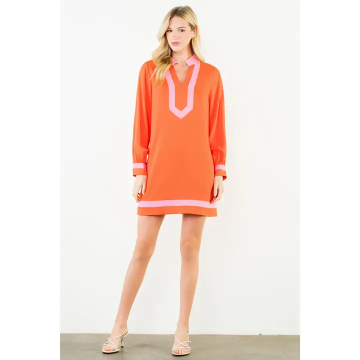 Orange Long Sleeve Colorblocked Dress