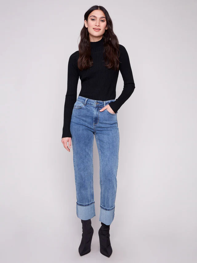 Charlie B Wide Cuff Straight Leg Jeans in Medium Blue