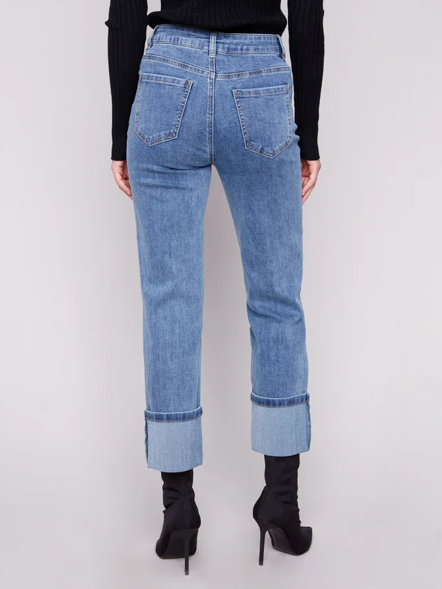 Charlie B Wide Cuff Straight Leg Jeans in Medium Blue