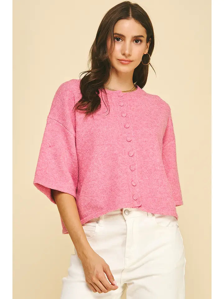 Button Down Short Sleeve Sweater Top in Pink