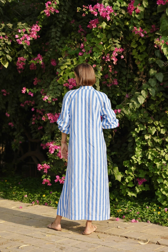 Positano Kaftan Dress in Blue Cabana Stripe