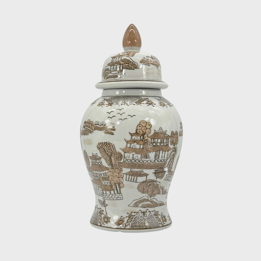 Brown & White Landscape Chinoiserie Ginger Jar 14"