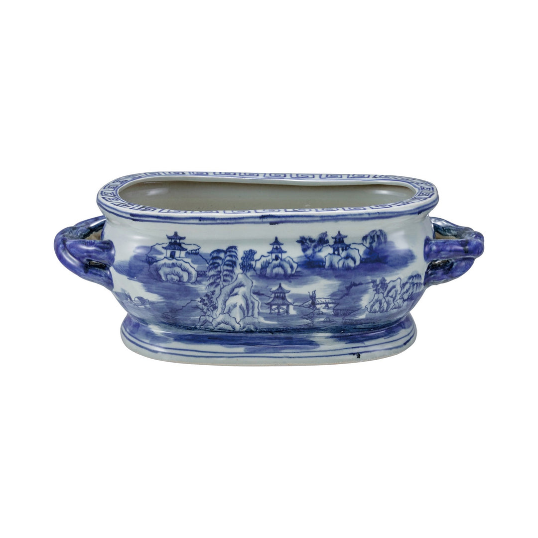 Oval Hand-Painted Stoneware Vintage Reproduction Planter w/ Landscape & Handles