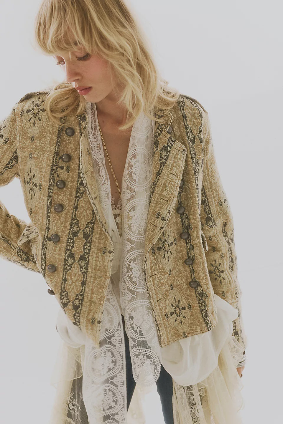 Free People Lotty Jacquard Band Jacket in Morning Oat