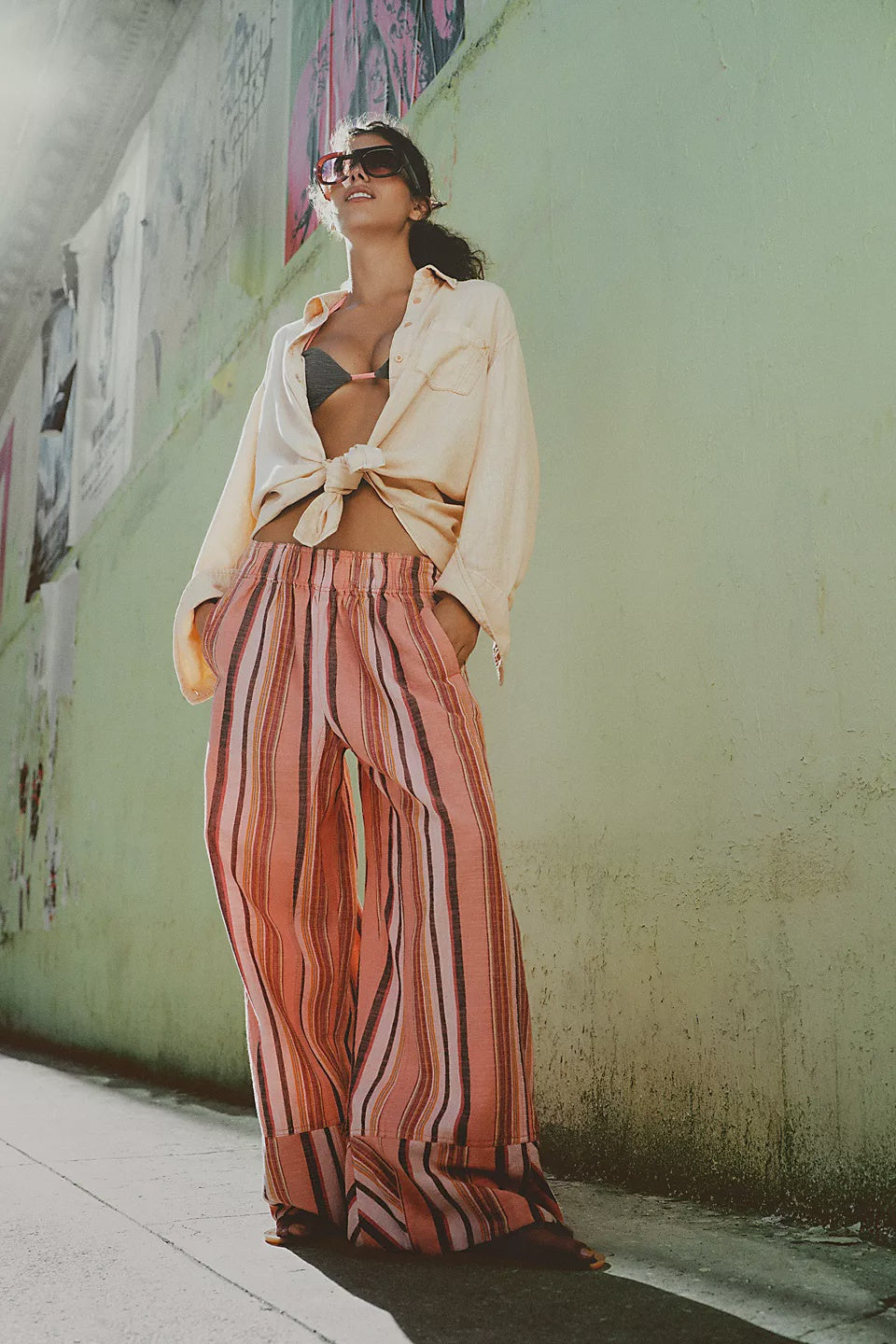 Free People Day's End Linen Striped Pull-On Pants in Soft Coral Combo