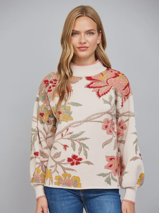 A Step Ahead Of You Beige Floral Sweater