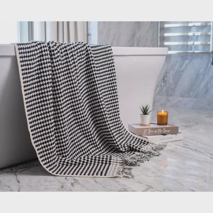 Pom Pom Bath Towel | Turkish Bath Towel | Handwoven Towel in Black
