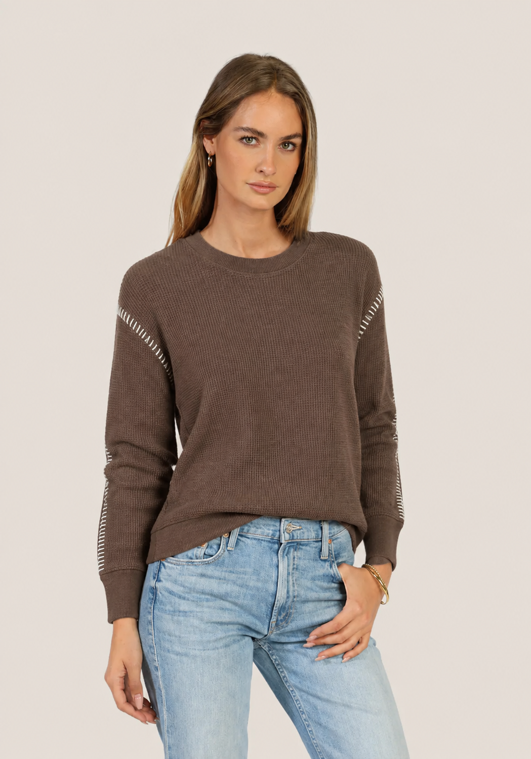 Dylan Blanket Stitch Sweatshirt in Soft Brown