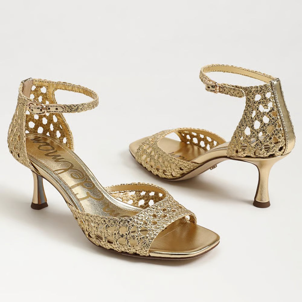 Sam Edelman Peyton Kitten Heel Sandal in Amber Gold Faux Raffia