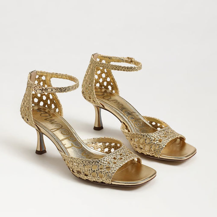 Sam Edelman Peyton Kitten Heel Sandal in Amber Gold Faux Raffia