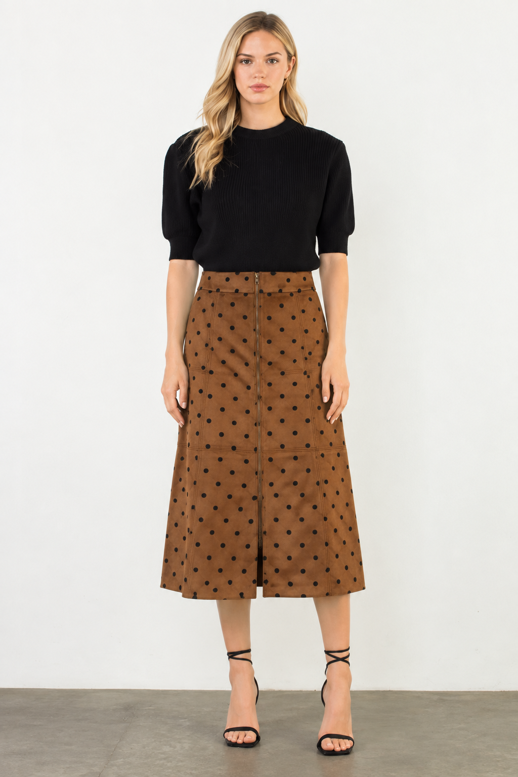 Suede Zipper Polka Dot Skirt in Camel