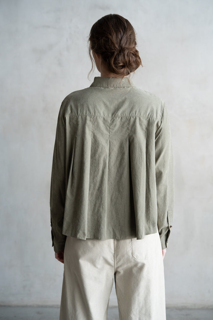 Sage Pleated Button Down Long Sleeve Top