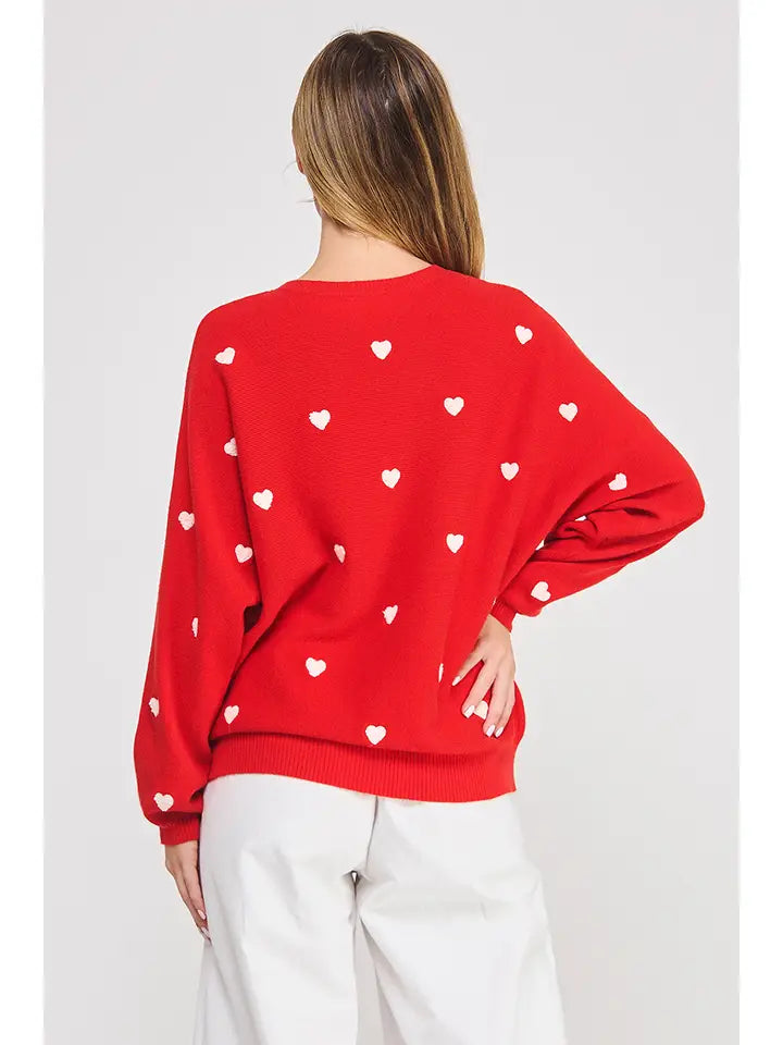 Dolman Sweater with 3D Hearts in Red