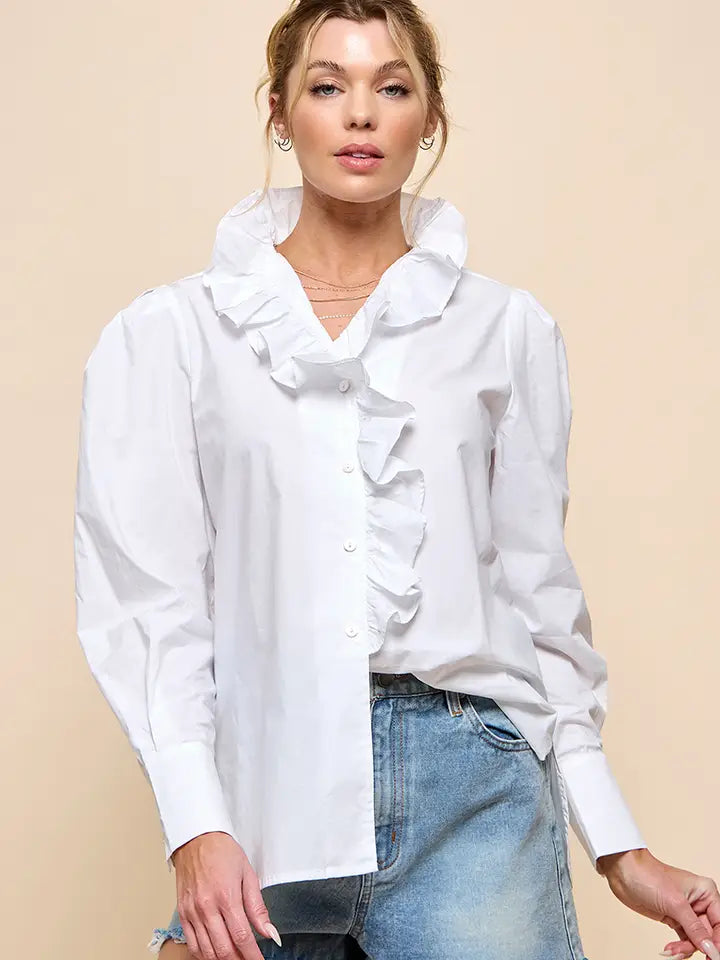 White Ruffle Long Sleeve Top