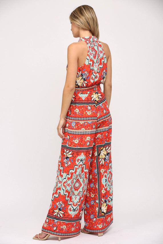 Handkerchief Print Halter Neck Jumpsuit in Coral