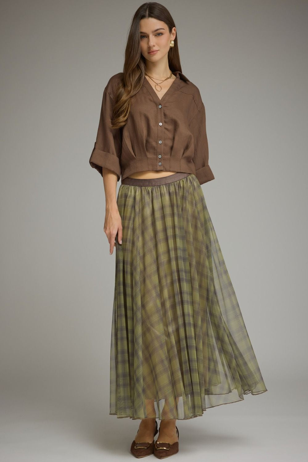 Plaid Mesh Midi Skirt in Olive