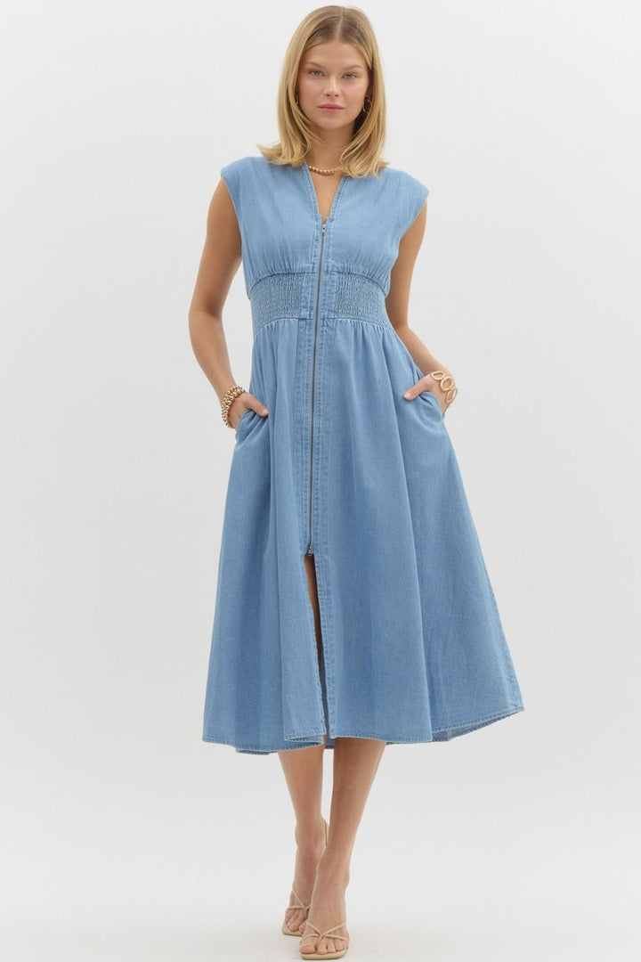 Timeless Flare Zip Blue Denim Midi Dress