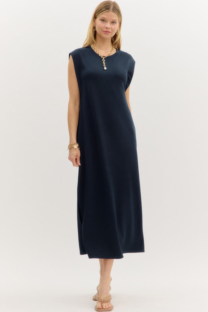 Dressed For The Drama Solid Midi Dress in Navy