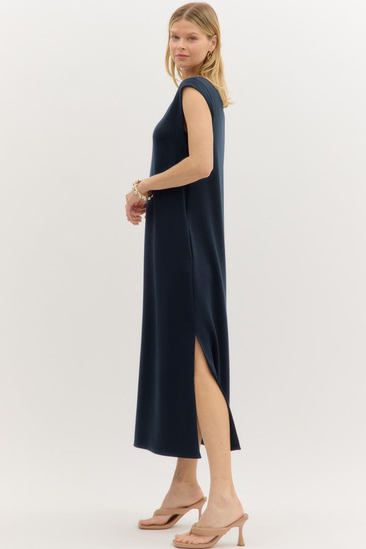 Dressed For The Drama Solid Midi Dress in Navy