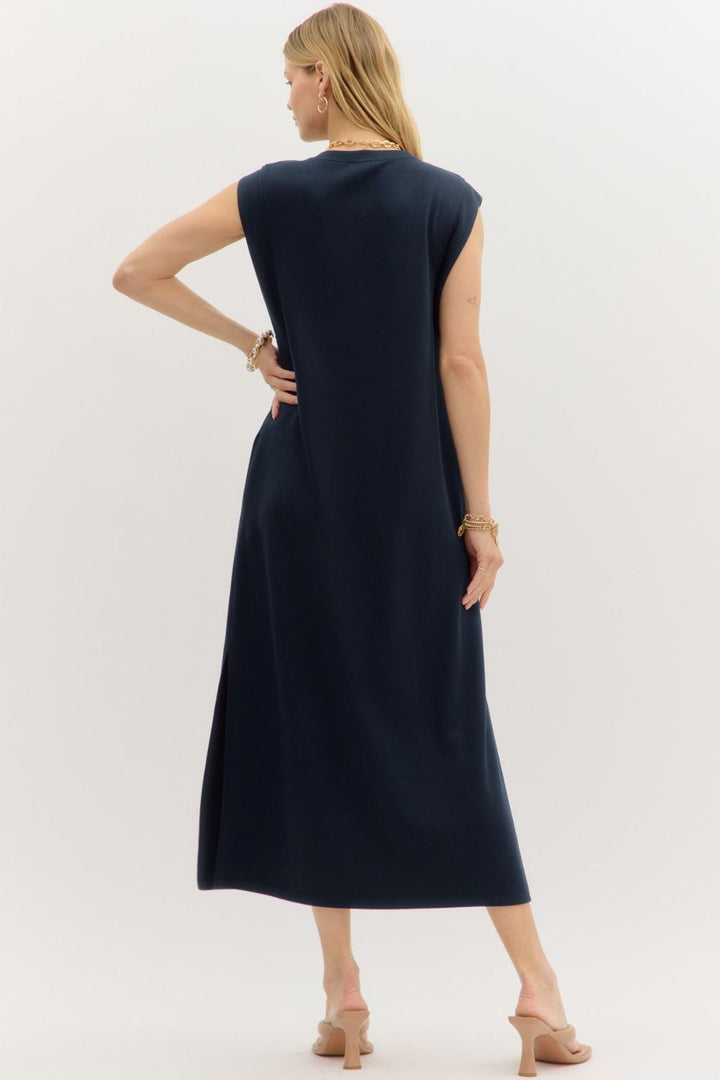 Dressed For The Drama Solid Midi Dress in Navy