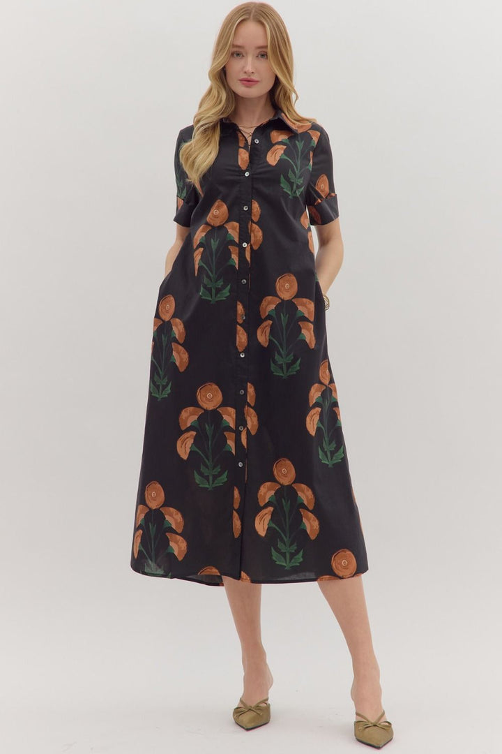 Floral Print Short Sleeve Midi Dress in Black