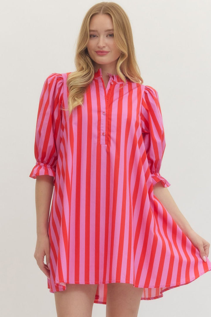 Striped Puff Sleeve Mini Dress in Pink