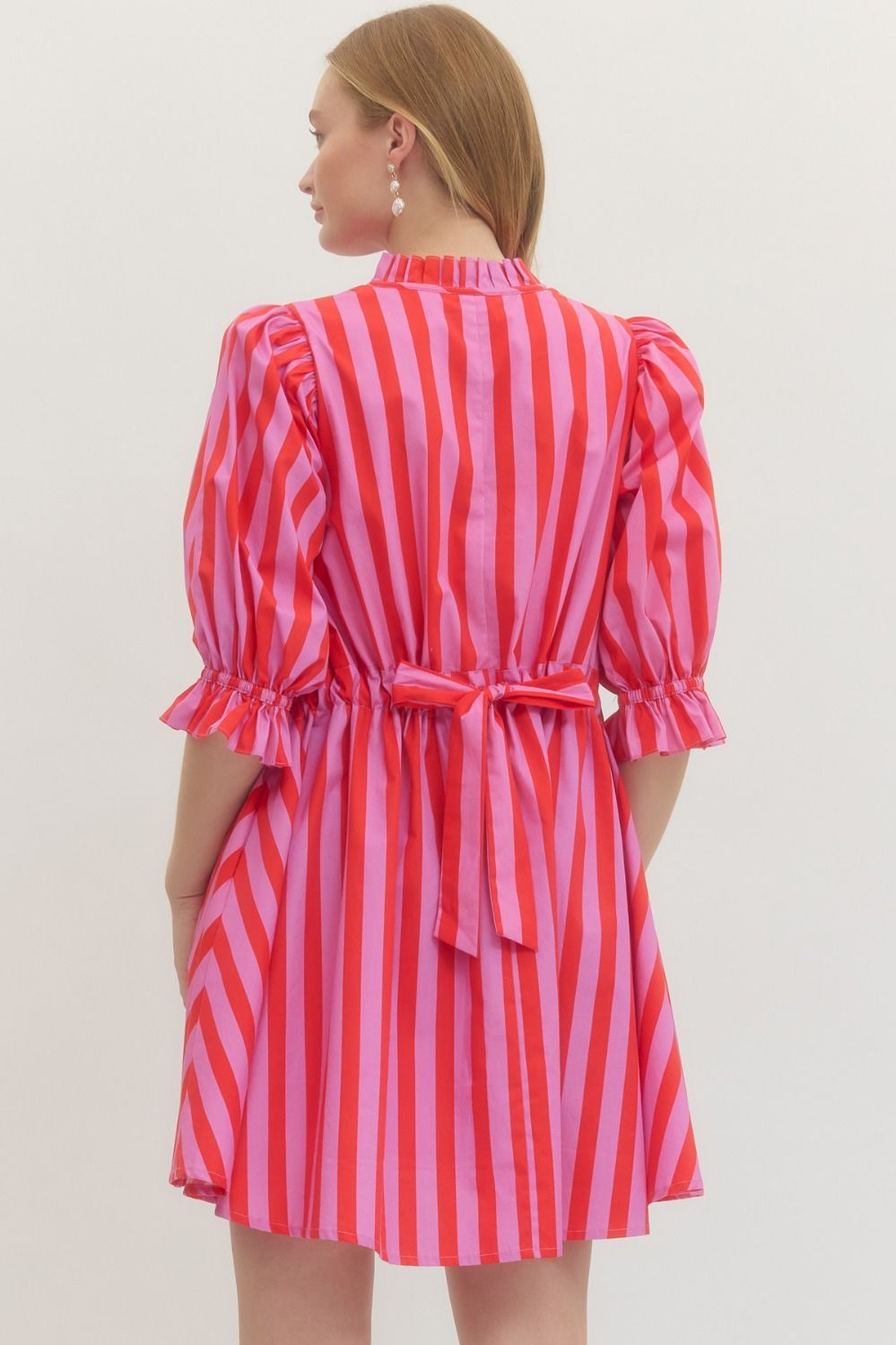 Striped Puff Sleeve Mini Dress in Pink