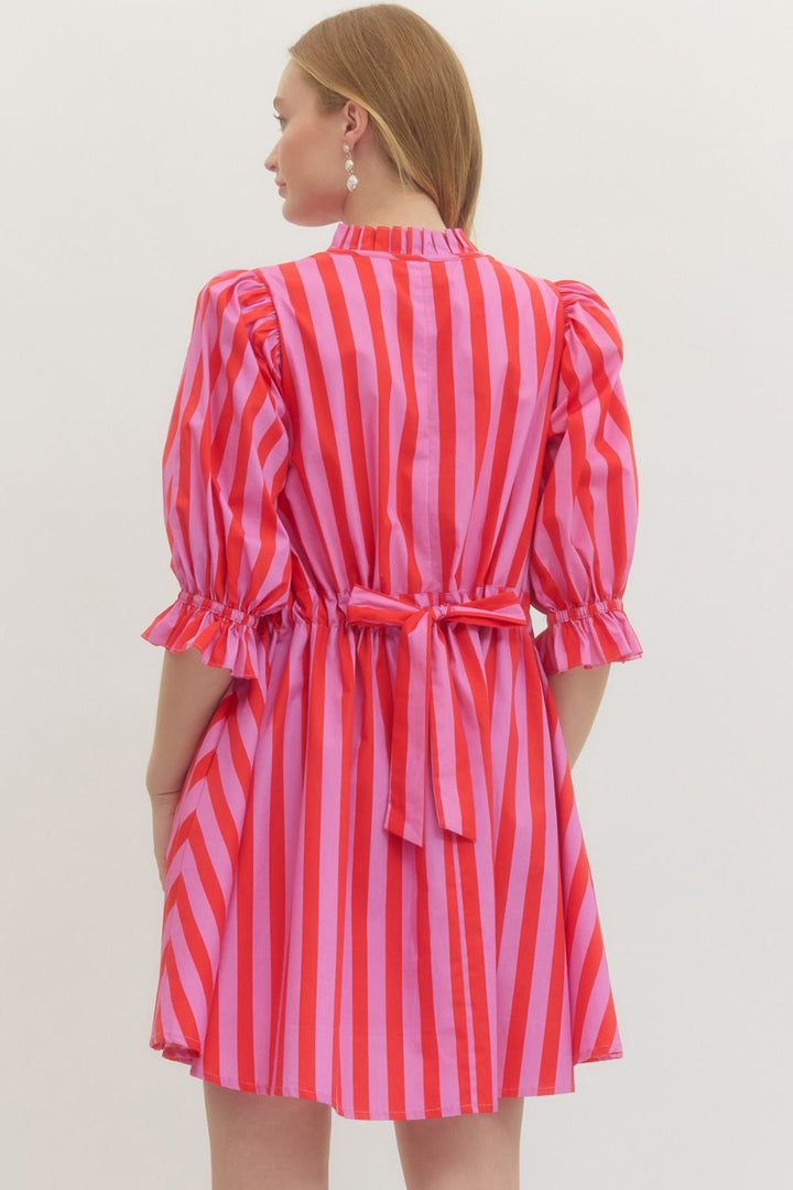 Striped Puff Sleeve Mini Dress in Pink