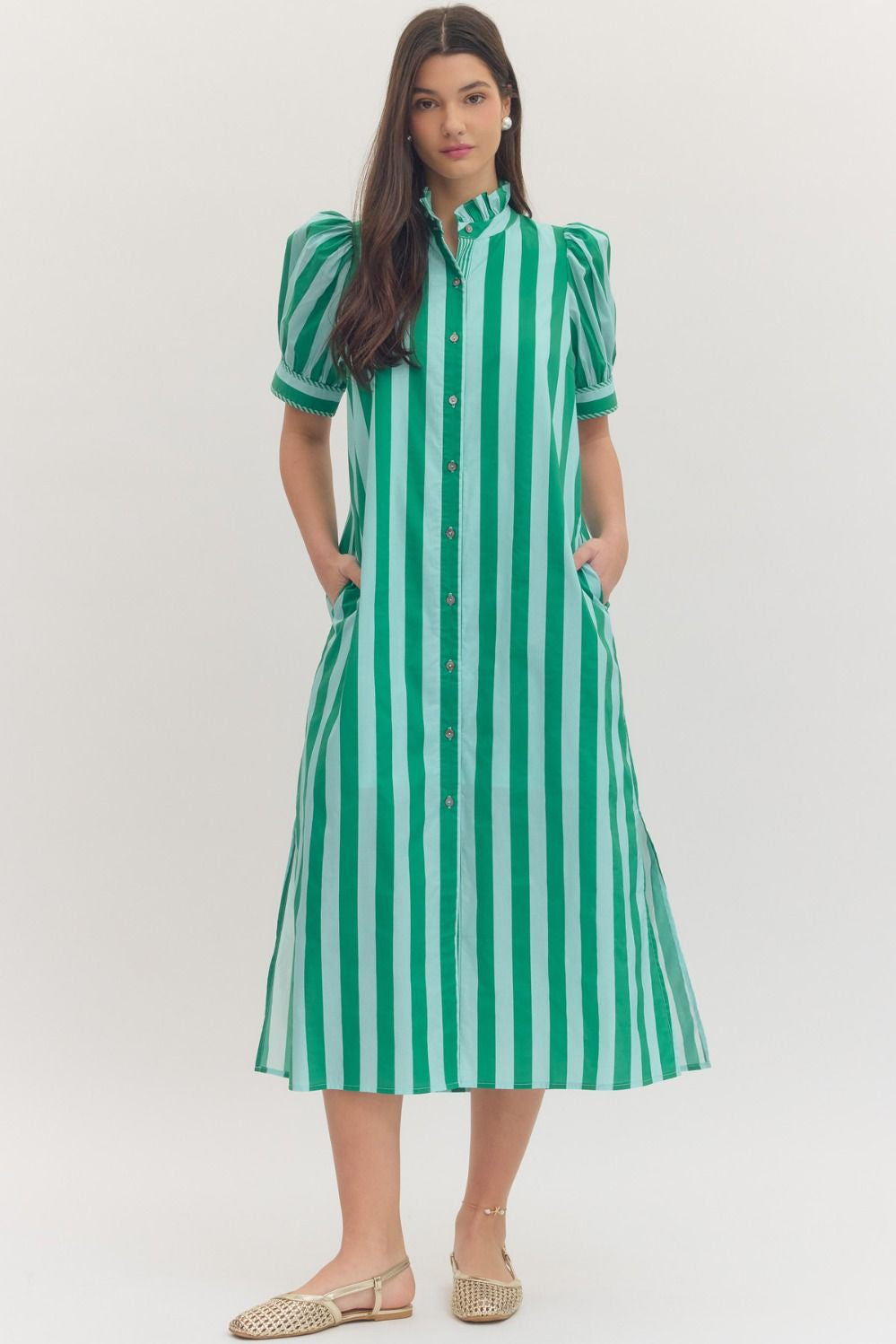 Green Stripe Print Short Puff Sleeve Midi Dress – Sugar & Spice