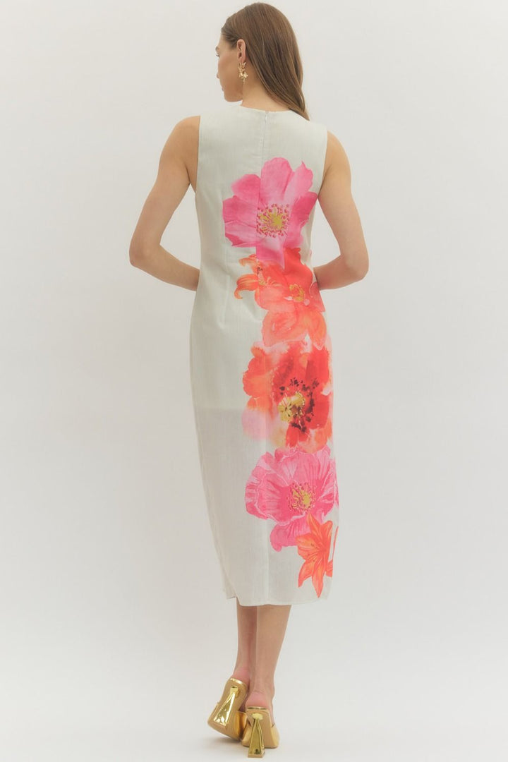 Cream Floral Sleeveless Midi Dress