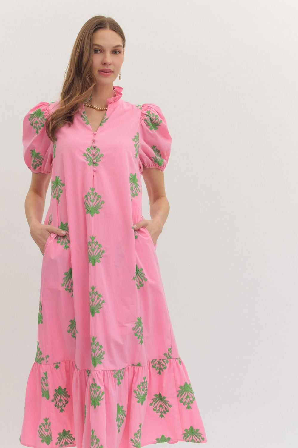 Botanical Embroidery Pink Midi Dress