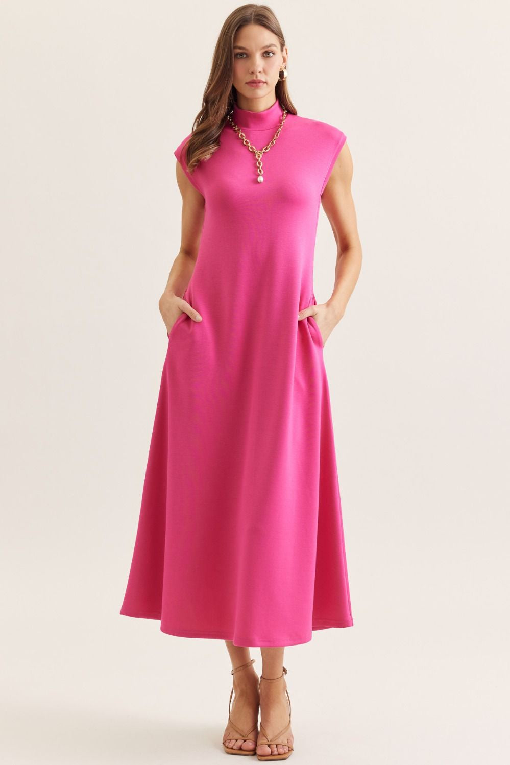 mock neck midi dress Solid Cap Sleeve Mock Neck Midi Dress