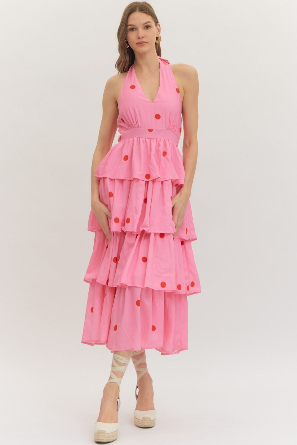 Polka Dot Halter Maxi Dress in Pink Sugar & Spice Polka Dot Halter Maxi Dress in Pink Sugar & Spice