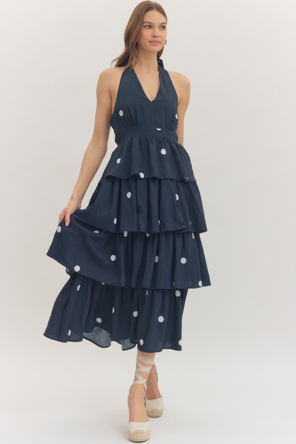 Polka Dot Halter Maxi Dress in Navy  Sugar & Spice