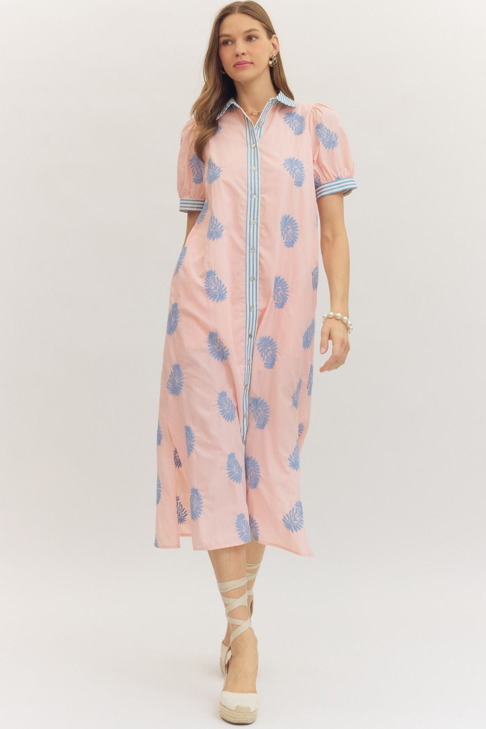 Embroidered Short Puff Sleeve Midi Dress in Blush Pink Embroidered Short Puff Sleeve Midi Dress in Blush Pink