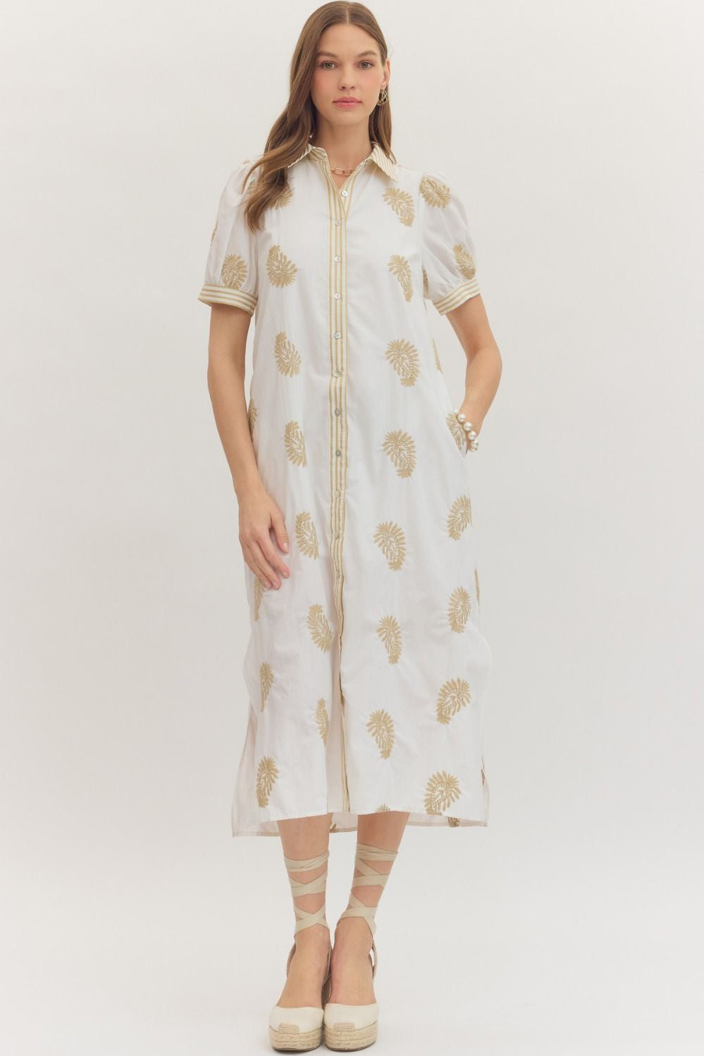 Embroidered Short Puff Sleeve Midi Dress in Off White Embroidered Short Puff Sleeve Midi Dress in Off White