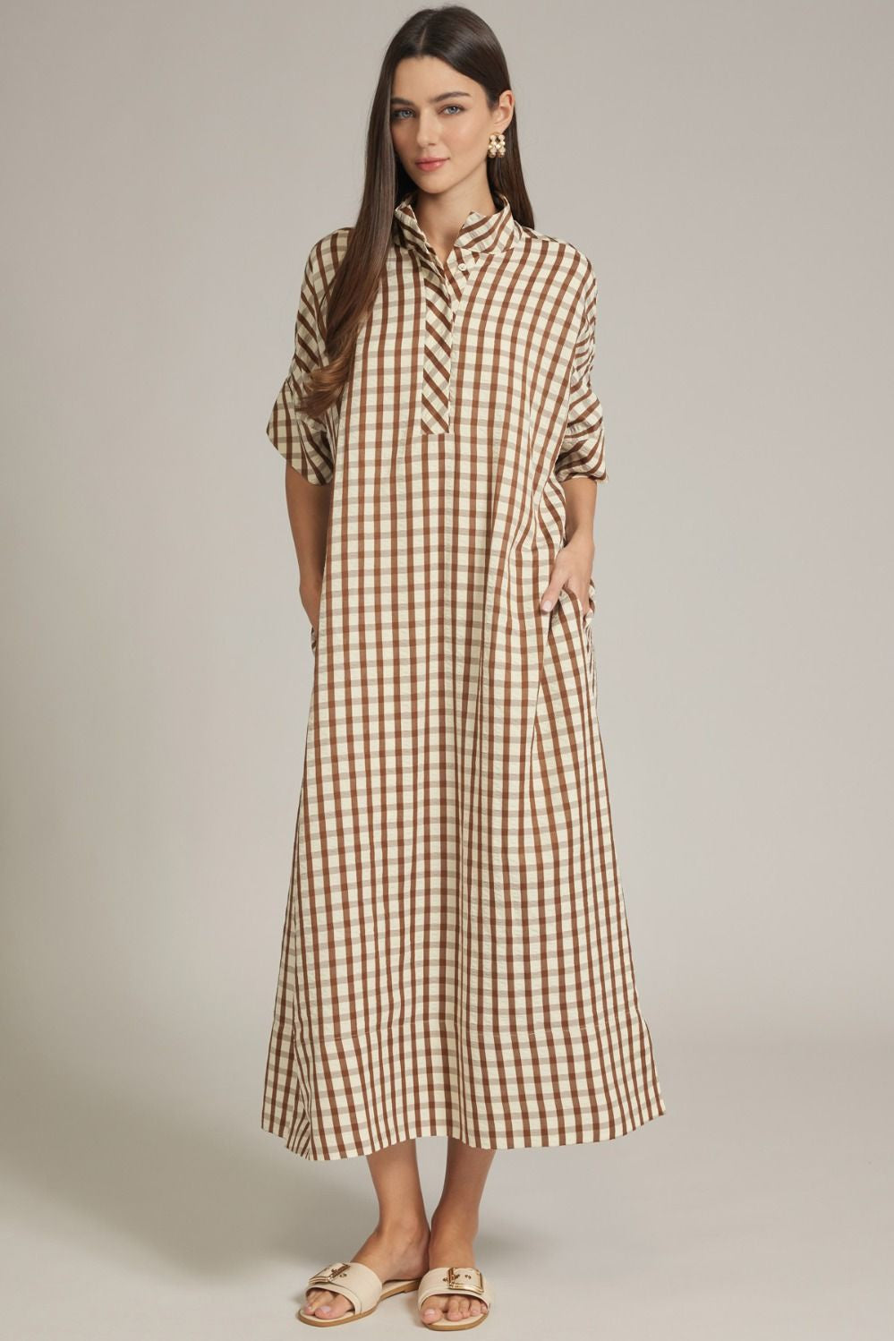 Carry On Your Way Gingham Maxi Dress in Brown