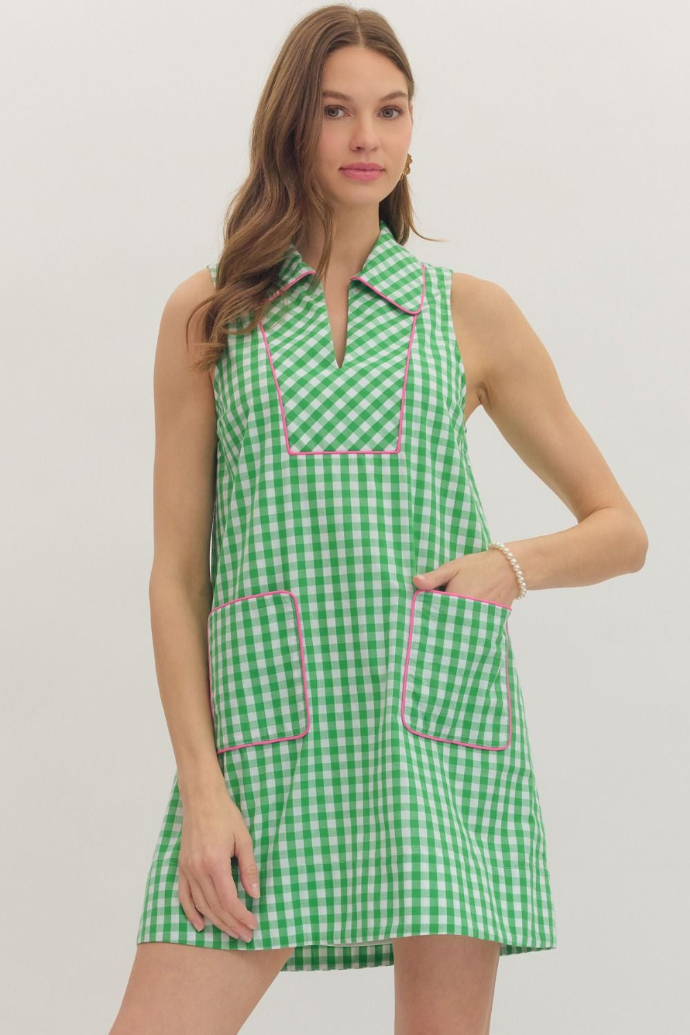 Green Check Print Sleeveless Mini Dress Green Check Print Sleeveless Mini Dress