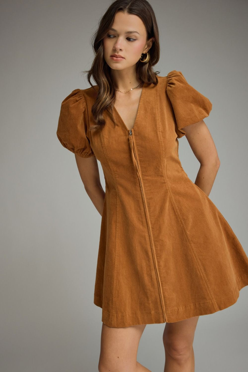 Front Zipper Suede Dress in Camel
