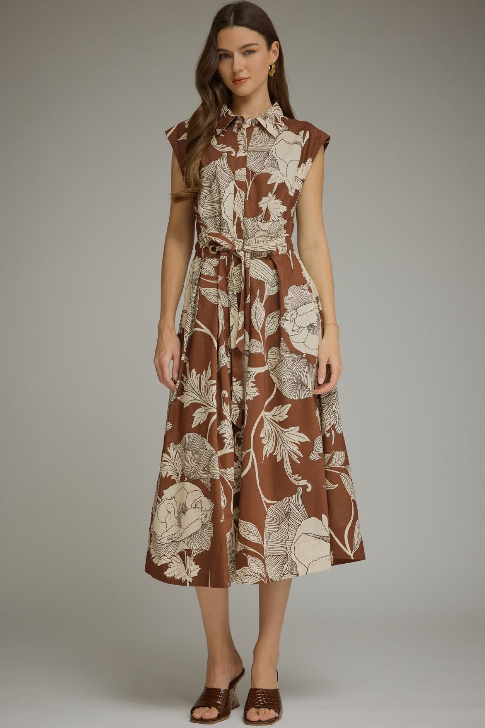 Floral Sleeveless Brown Midi Dress