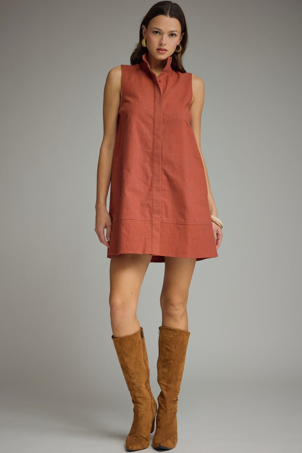 Solid Stand Collar Rust Dress