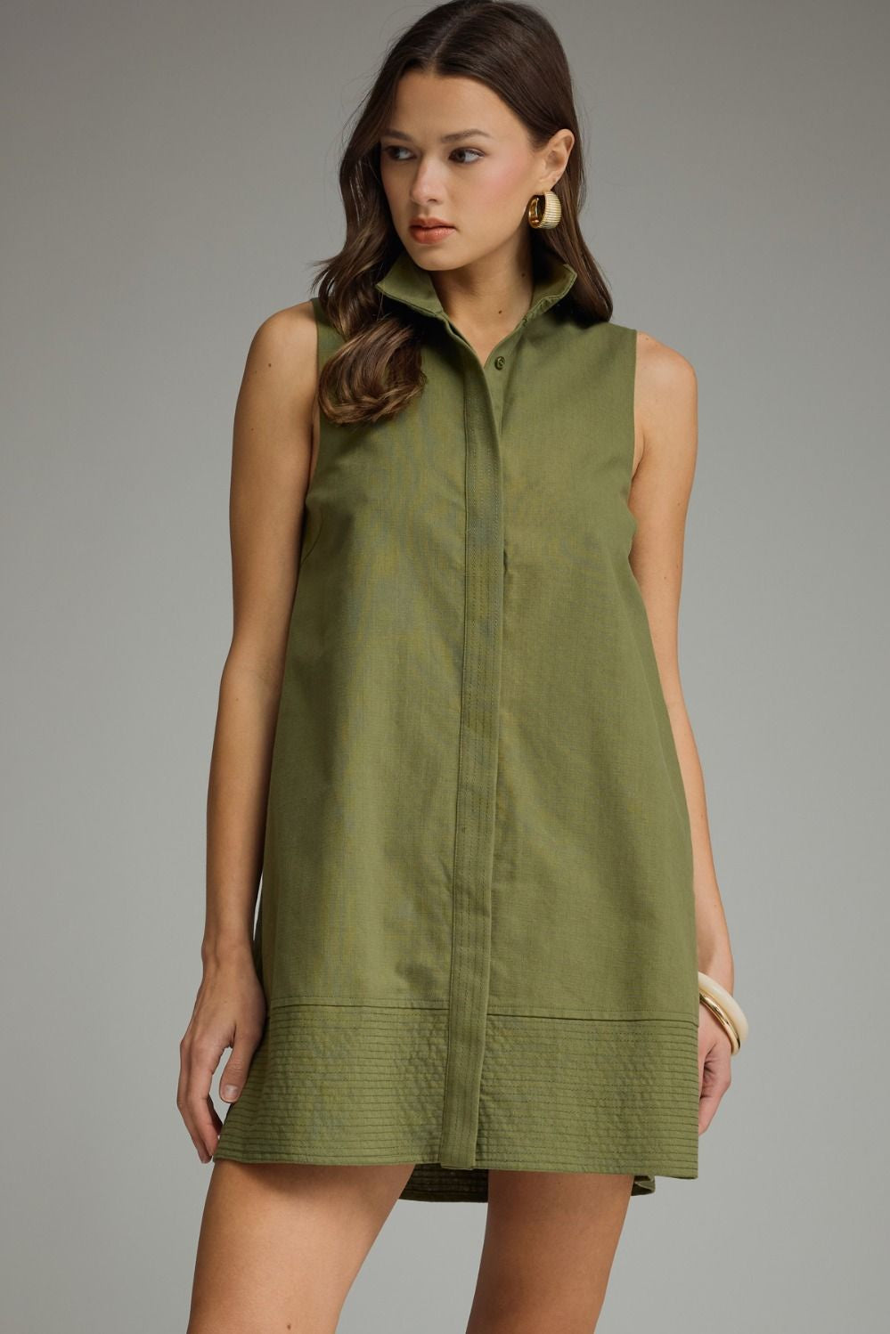 Solid Stand Collar Olive Dress