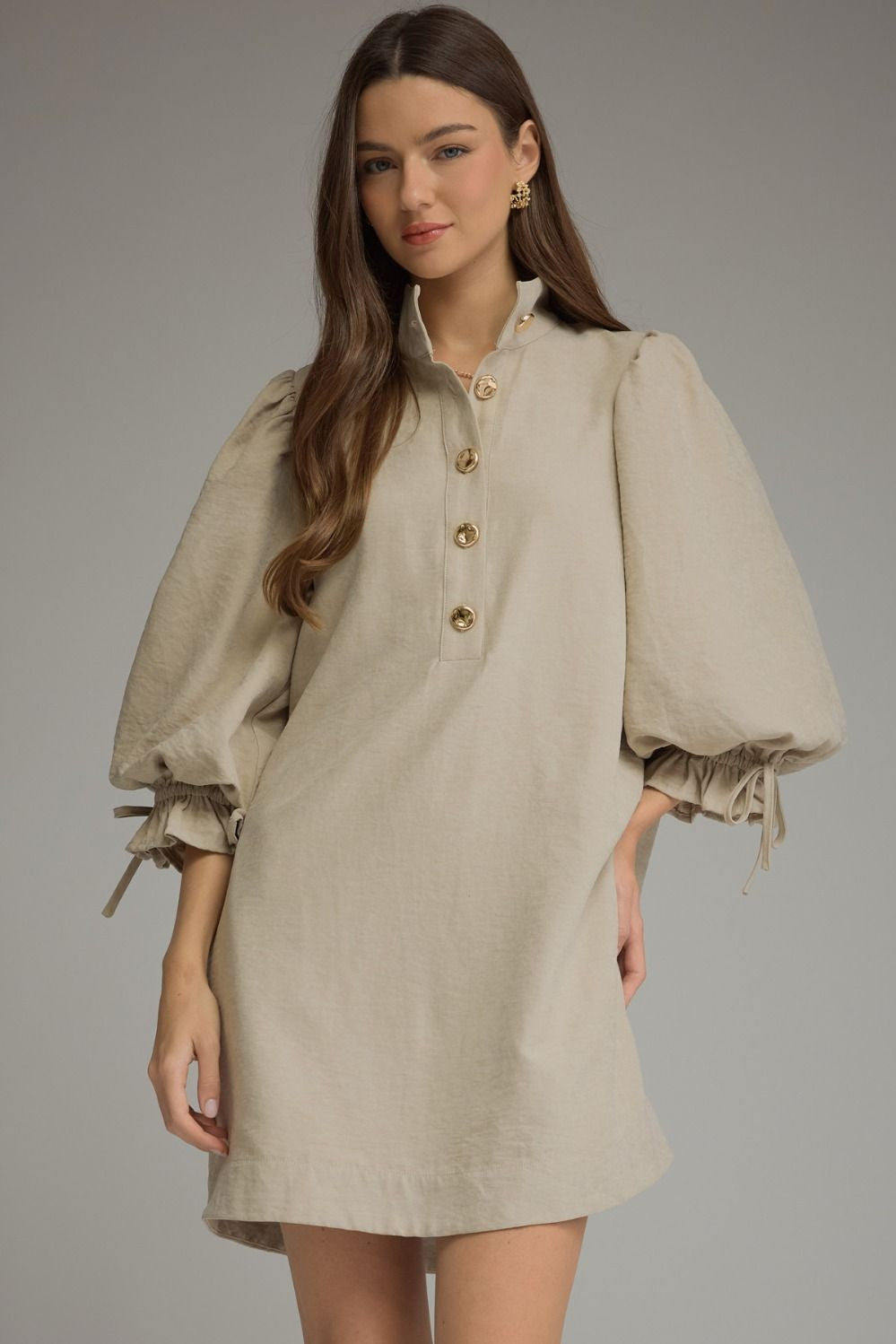 Solid Taupe Balloon Sleeve Dress