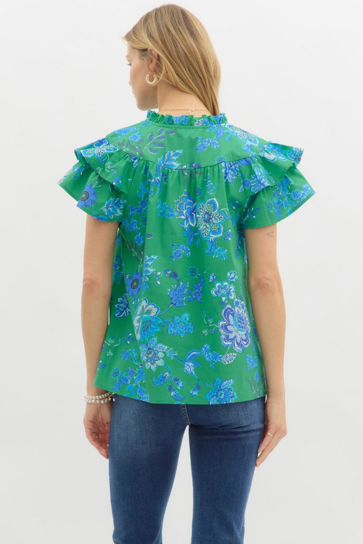 Cut To The Chase Blue Floral Printed Green Top