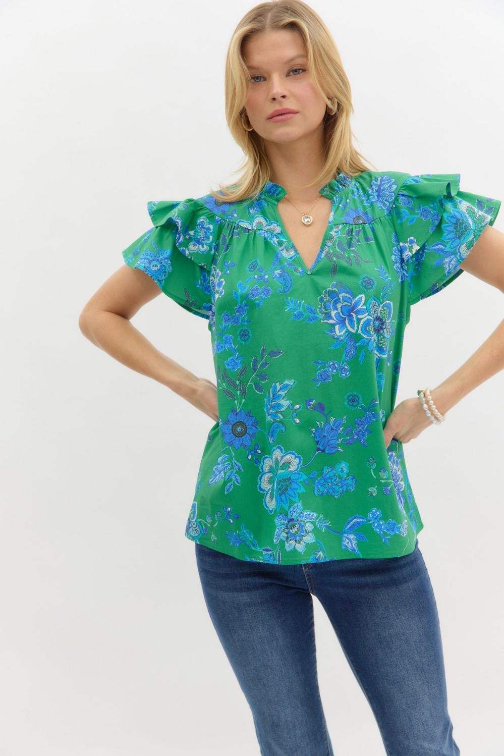 Cut To The Chase Blue Floral Printed Green Top