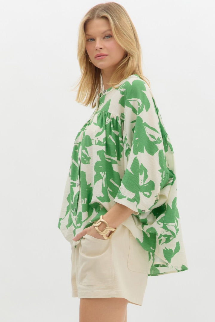 Just Enough Green Printed Cream Top