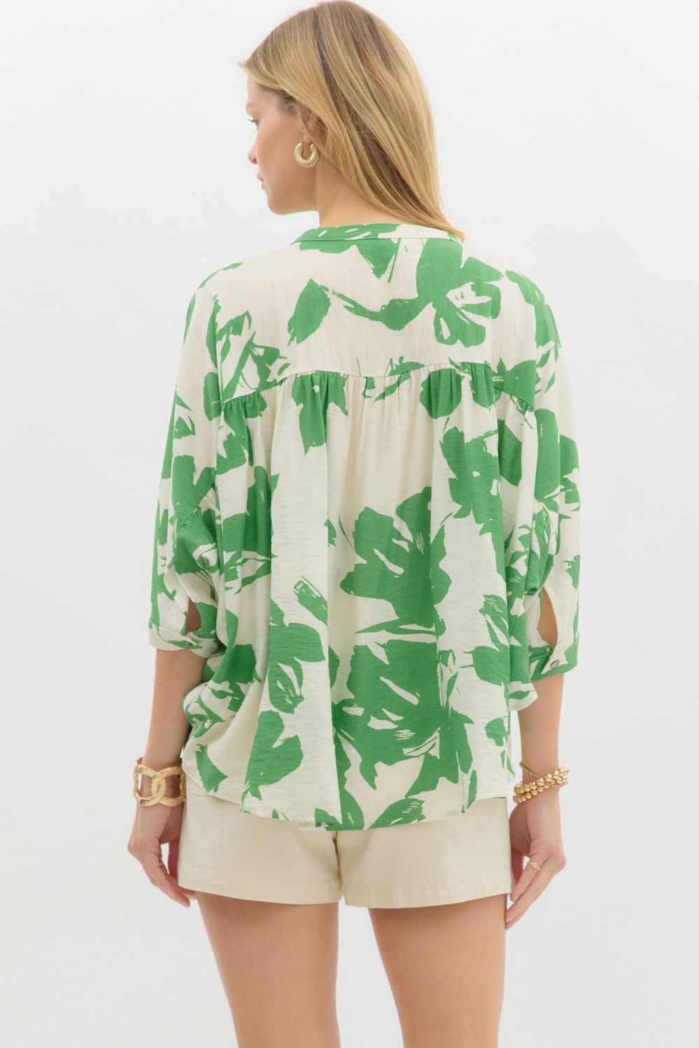 Just Enough Green Printed Cream Top