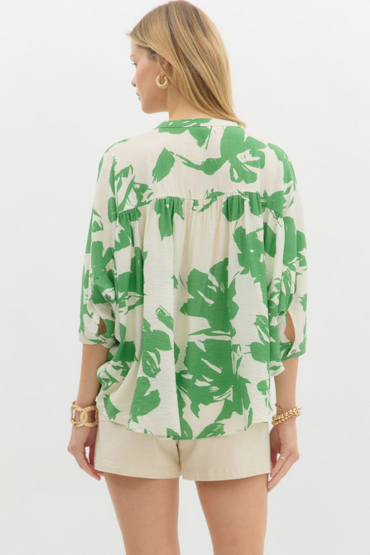 Just Enough Green Printed Cream Top