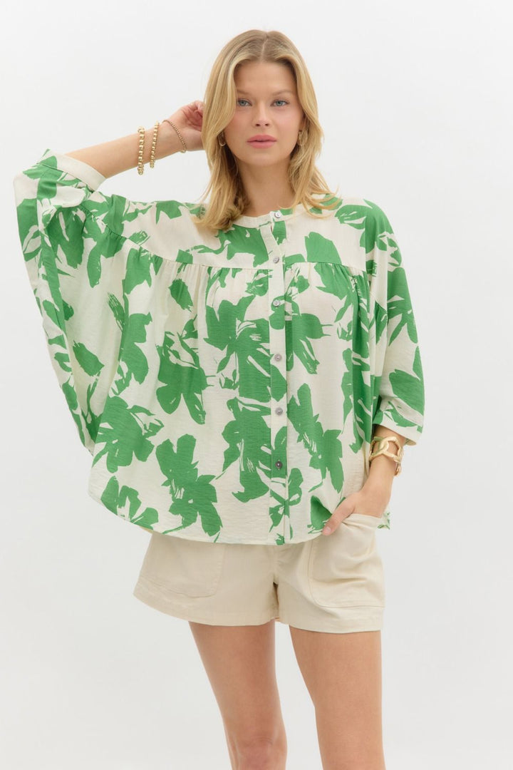 Just Enough Green Printed Cream Top